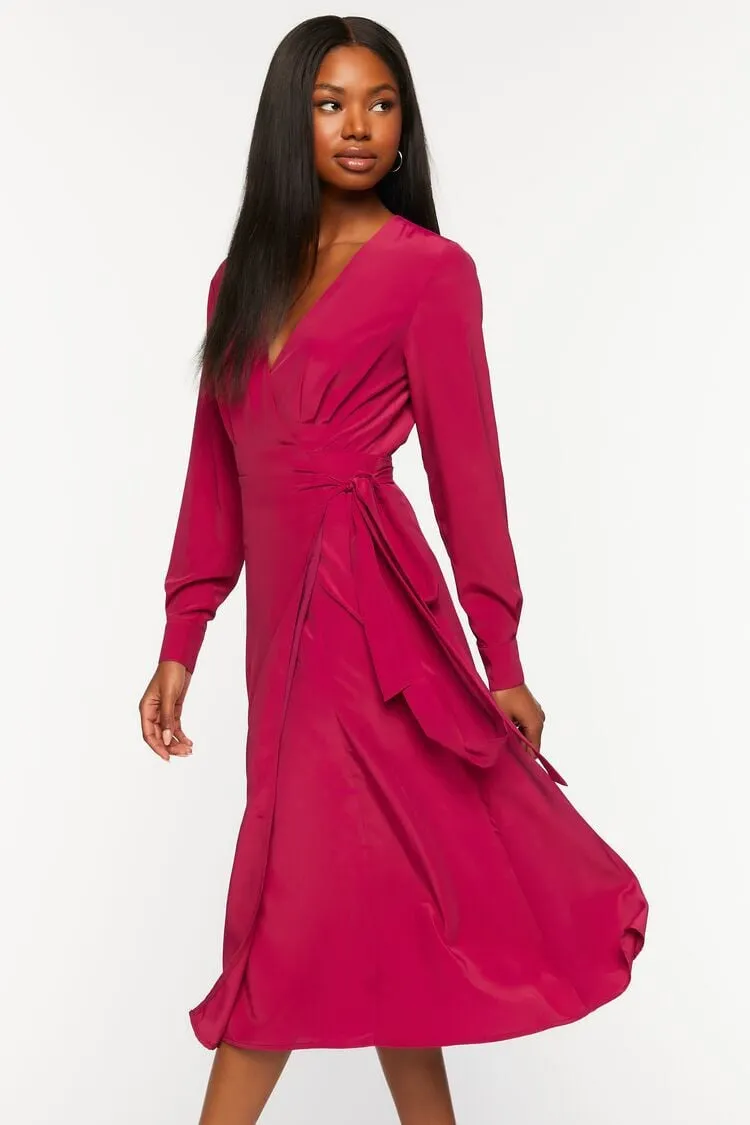 Surplice Long-Sleeve Wrap Midi Dress