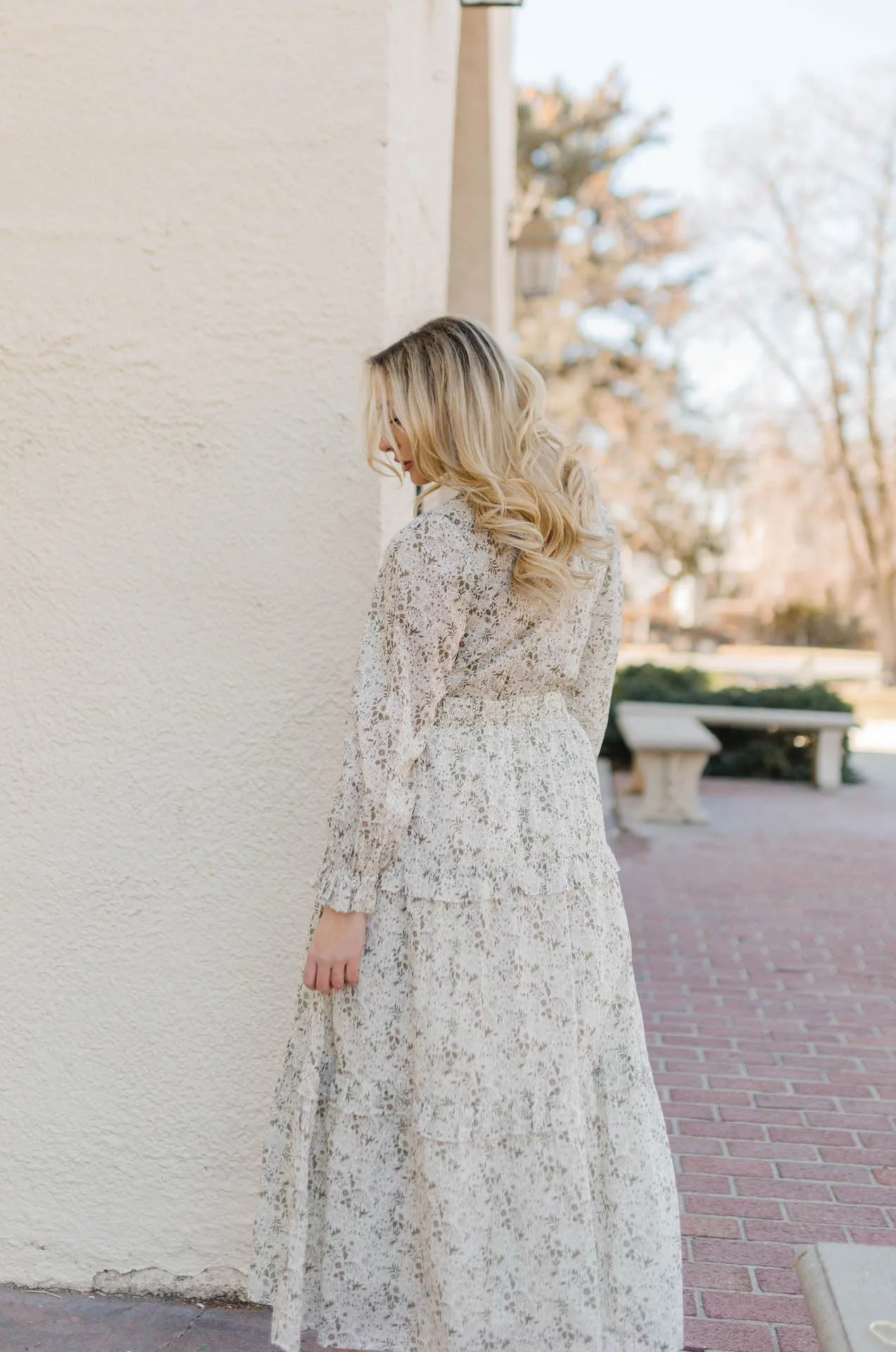 Veronica Long Sleeve Green Floral Maxi Dress