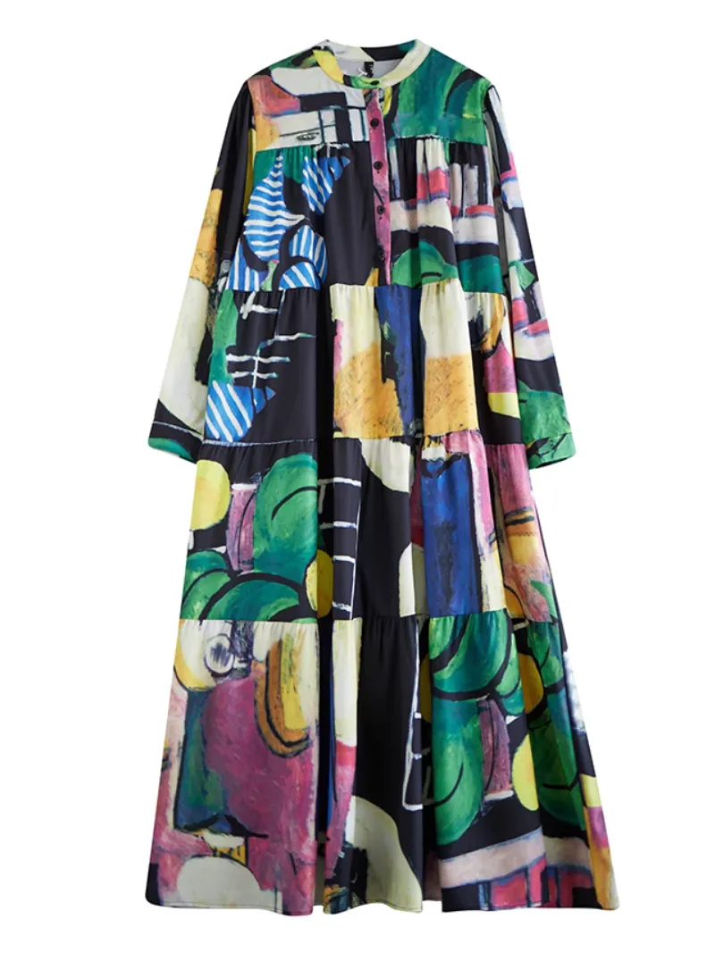 Women's Colorful Loose Large Size Print Mid-Length A-Line Dress