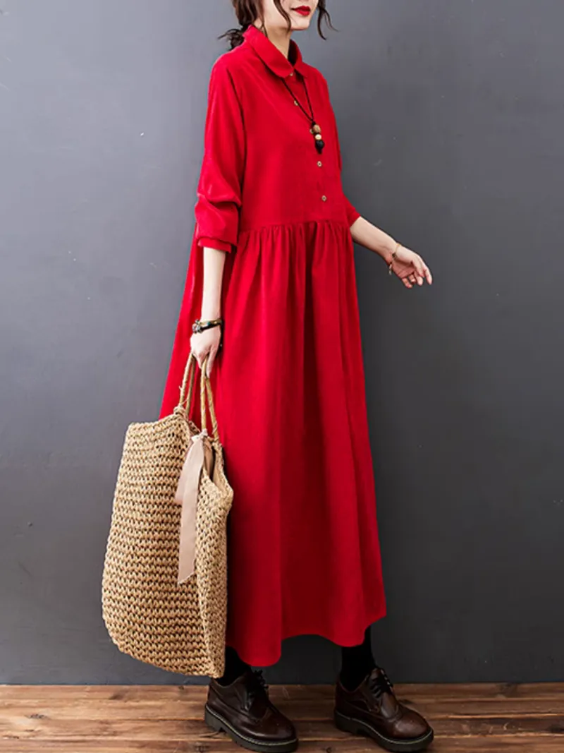 Women's Over-the-Knee Warm Button-Up A-Line Dress